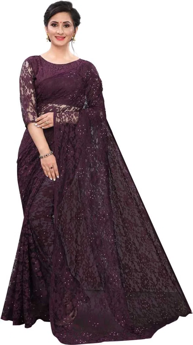 Net Solid Saree for Women (Purple, 6.3 m)