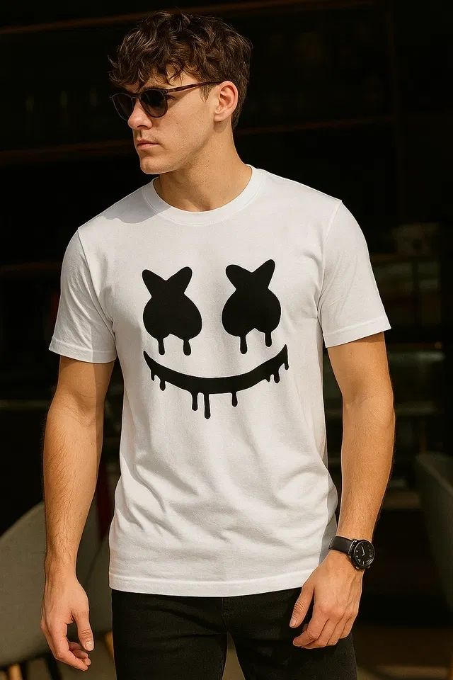 Round Neck Marshmallow Printed T-Shirt for Men (White, XL)