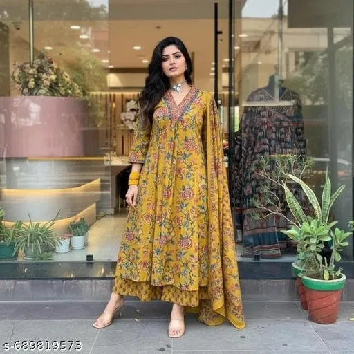 Viscose Rayon Kurta & Plazo With Dupatta Yellow (XL)