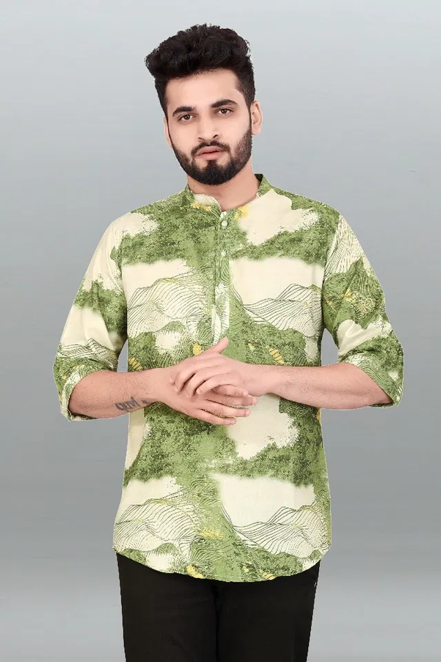Cotton Blend Printed Kurta for Men (Green, M)