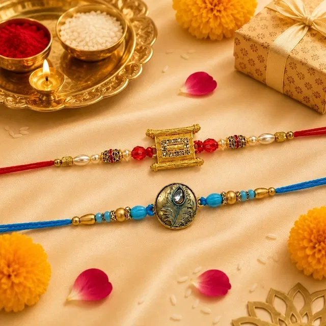 Elegant Golden Red & Morpankh Rakhi for Brother