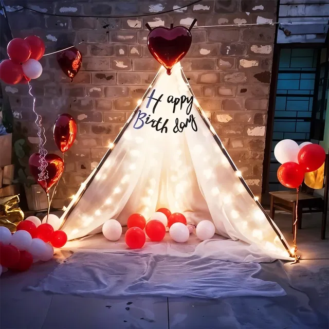 24 Pcs Birthday Cabana Tent Decorations (Multicolor) White Net Curtain with Happy Birthday Banner, LED Light, Metallic Balloons