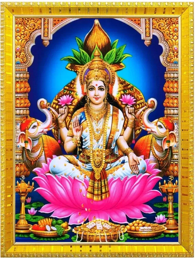 Polyester Laxmi Devi Religious Wall Photo Frame (Multicolor, 5X7 inches)