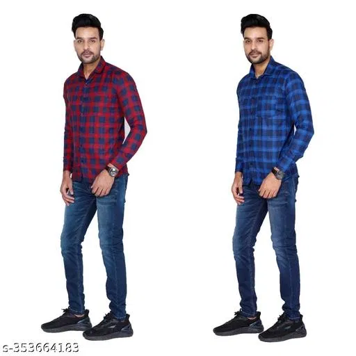 Cotton Blend Checked Shirt for Men, Red & Blue (L) Pack of 2