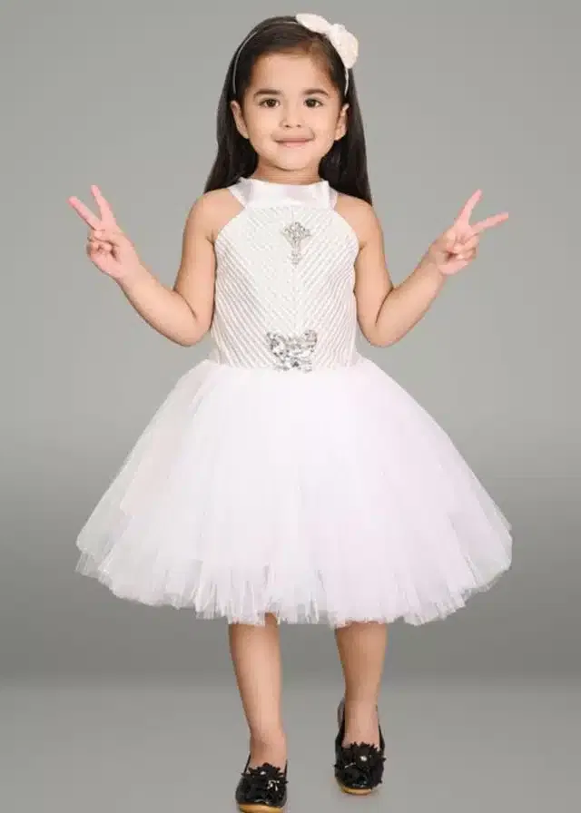 Netted Frock for Girls (White, 3-6 Months)