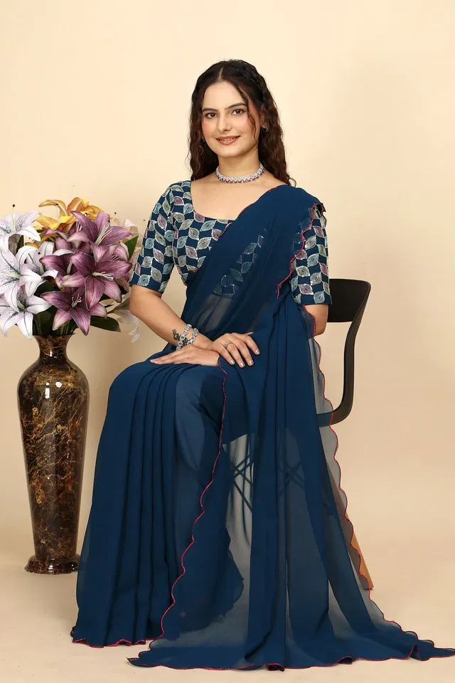 Georgette Woven Design Saree for Women (Navy Blue, 6.3 m)