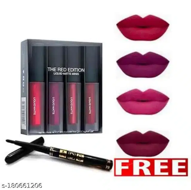 Combo of ADS Kajal with 4 Pcs Waterproof Liquid Lipsticks (Multicolor, Set of 2)
