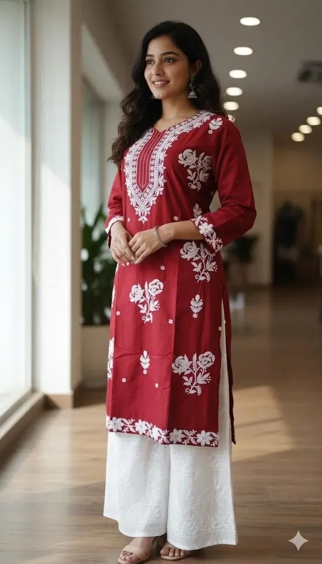 Stylish Printed Kurta Palazzo Set for Women (Red, XL)