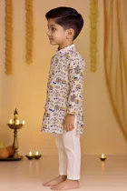 Cotton Printed Kurta with Payjama for Boys, Beige & White 