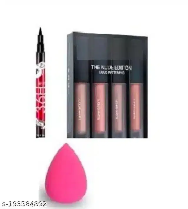 Combo of Eyeliner with Makeup Blender & 4 Pcs Waterproof Liquid Lipsticks (Multicolor, Set of 3)