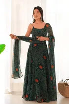 Jacquard Printed Gown with Dupatta for Women (Green, S)