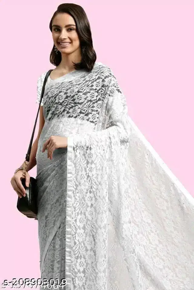 Net Saree for Women (White, 6.3 m)