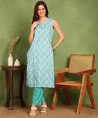 Cotton Blend Printed Kurti with Pant for Women (Sky Blue, S)