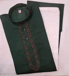 Cotton Solid Kurta Set for Men, Dark Green 
