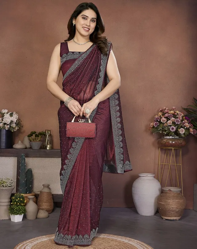 Bollywood Embroidered Tissue Saree for Women (Maroon)