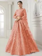 Net Embroidered Semi Stitched Lehenga for Women (Orange)