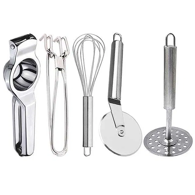 Stainless Steel Lemon Squeezer & Pakkad & Egg Whisk & Pizza Cutter & Potato Masher For Kitchen (Set of 5) (OC-078)