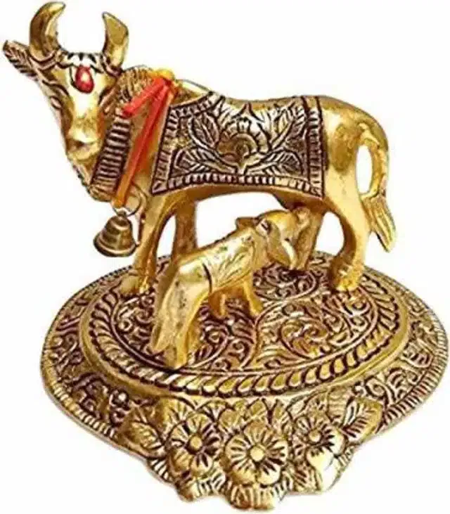 Metal Kamdhenu Cow with Calf Showpiece (Brass)