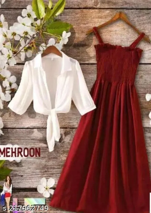 Poly Crepe Solid Dress for Women (White & Maroon, M)