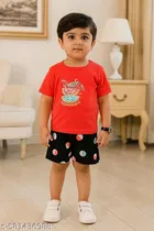 Hosiery Cotton Printed Clothing Set for Kids, Red & Black 