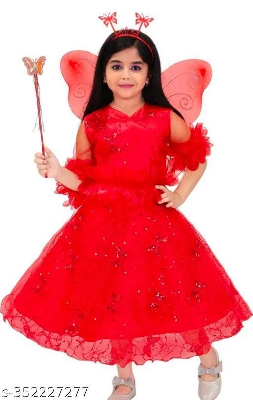 Cotton Blend Solid Dress for Girls (Red, 9-10 Years)