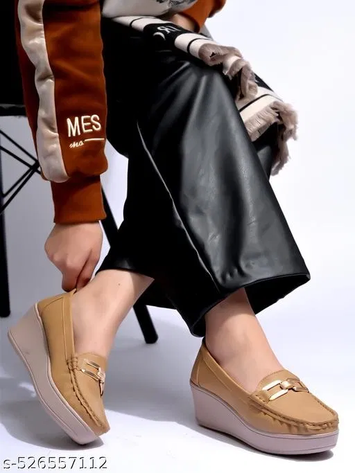 Solid Synthetic Loafers for Women (Beige, IND-4)
