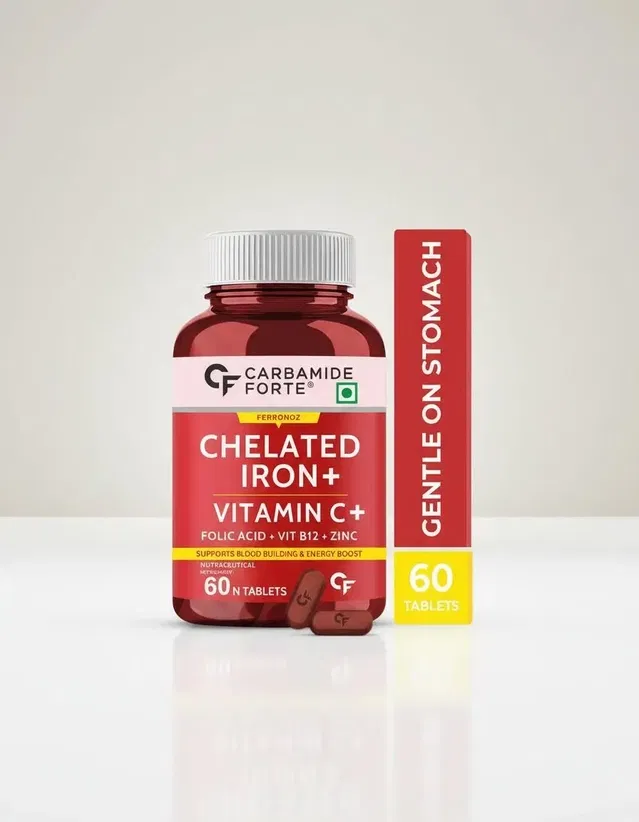 CARBAMIDE FORTE Chelated Iron Tablets for Women & Men with Folic Acid | Iron Supplement (60 Tablets)