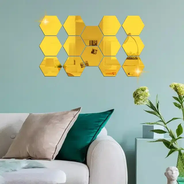 Acrylic Hexagon Shaped Wall Mirror Stickers (Gold, Pack of 14)