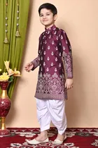 Dupion Silk Printed Kurta with Dhoti for Boys, Wine & White 