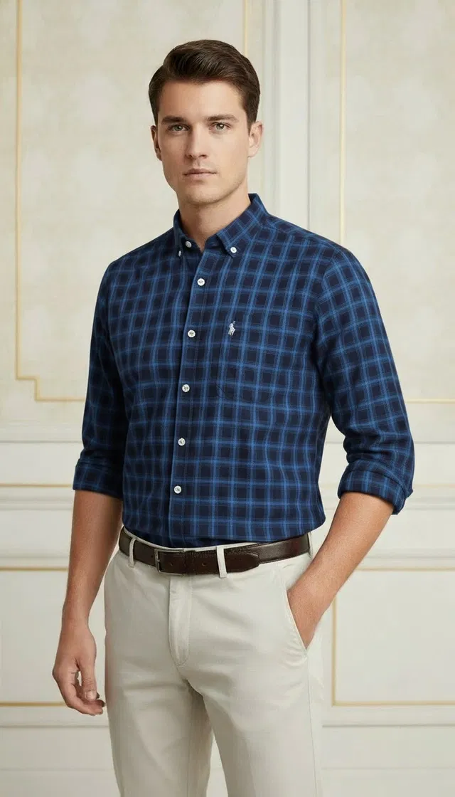 Cotton Checkered Shirt for Men, Dark Blue (L)