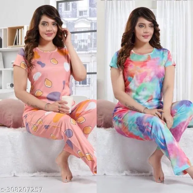 Satin Nightsuit for Women (Peach & Sky Blue, L) (Pack of 2)