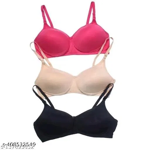 Cotton Blend Solid Bra for Women & Girls, Multicolour, Pack of 3 (38A)