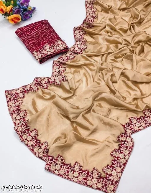 Chanderi Silk Solid Saree For Women, Beige