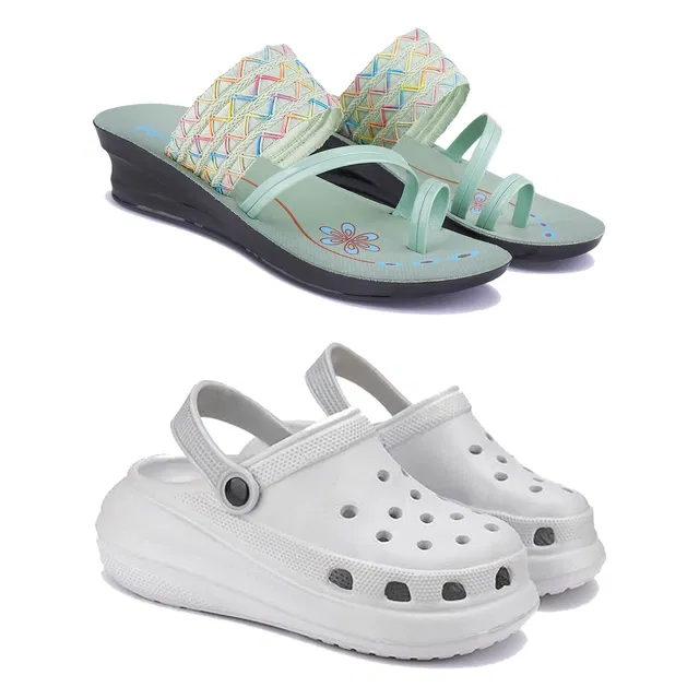 Combo of Sandals & Clogs for Women (Mint Green & Grey, 8) (Pack of 2)