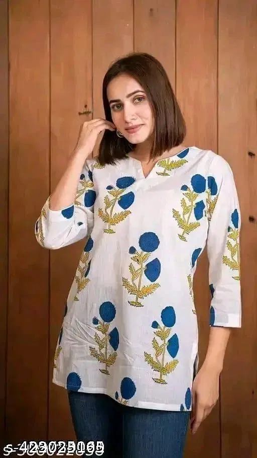 Cotton Printed Short Kurti for Women, White (XXL)
