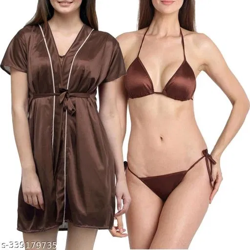 Satin Solid Babydoll for Women, Brown (XXL)