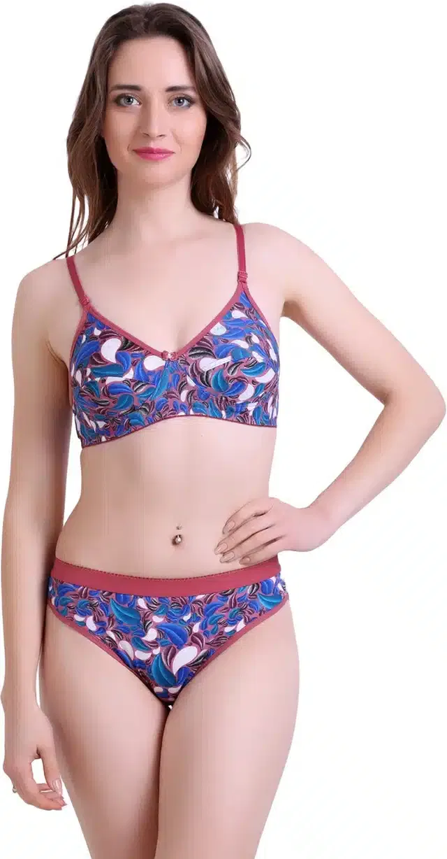 Cotton Blend Lingerie Set for Women (Blue, 34)