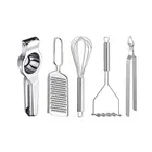 Oc9 Stainless Steel Lemon Squeezer & Cheese Grater & Egg Whisk & Potato Masher & Roti Chimta Kitchen Tool Set 