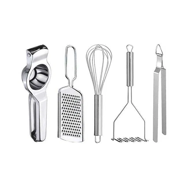Oc9 Stainless Steel Lemon Squeezer & Cheese Grater & Egg Whisk & Potato Masher & Roti Chimta Kitchen Tool Set (O-99)