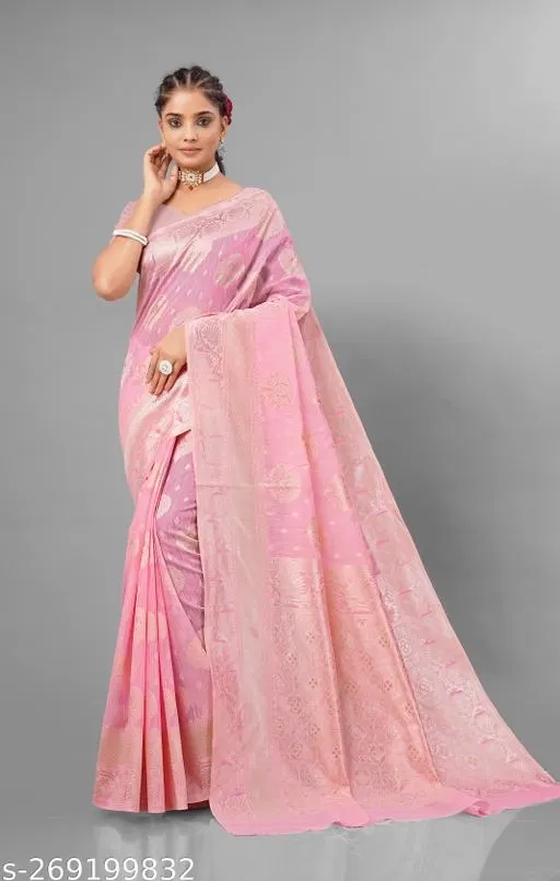 Cotton Linen Zari Woven Saree for Women (Pink, 6.3 m)