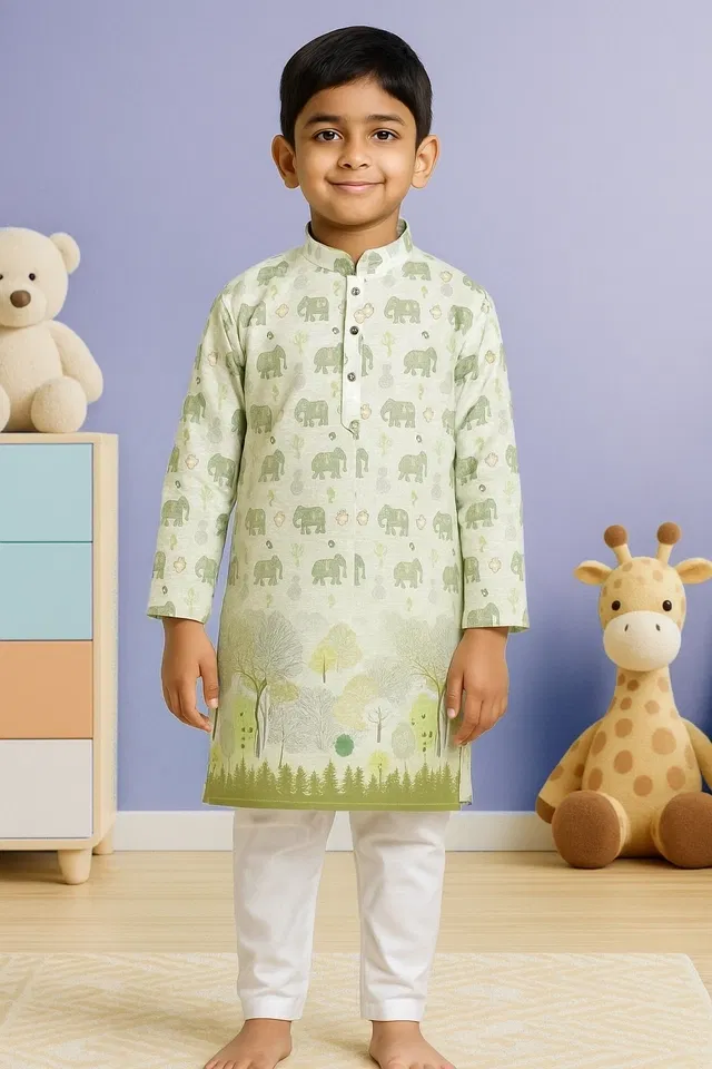 Cotton Blend Printed Kurta with Payjama for Boys, Green & White (2-3 Years)