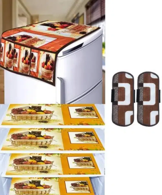 Knit Printed Fridge 4 Pcs Mat with 2 Pcs Handle & Top Cover (Multicolor, Set of 1)