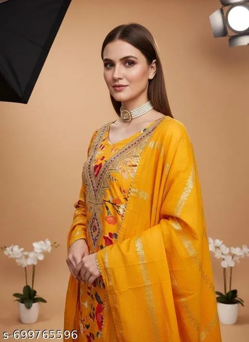 Bandhani Printed Jaipuri Designs Embroidered Top Bottom Duppata for Women (Yellow, Un Stitched)