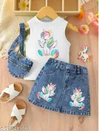 Hosiery Cotton & Denim Printed Clothing Set for Kids, White & Blue 