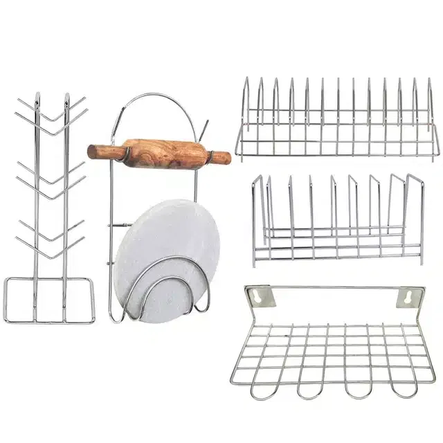 Stainless Steel Cup Stand & 2 Pcs Plate Stand with Utensil Holder & Chakla Belan Stand (Set of 5, Silver)