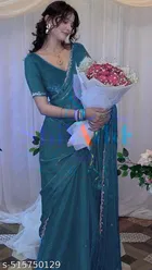 Jimmy Choo Embellished Saree For Women, Teal