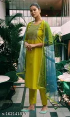 Cotton Blend Embroidered Kurta with Pant & Dupatta for Women 