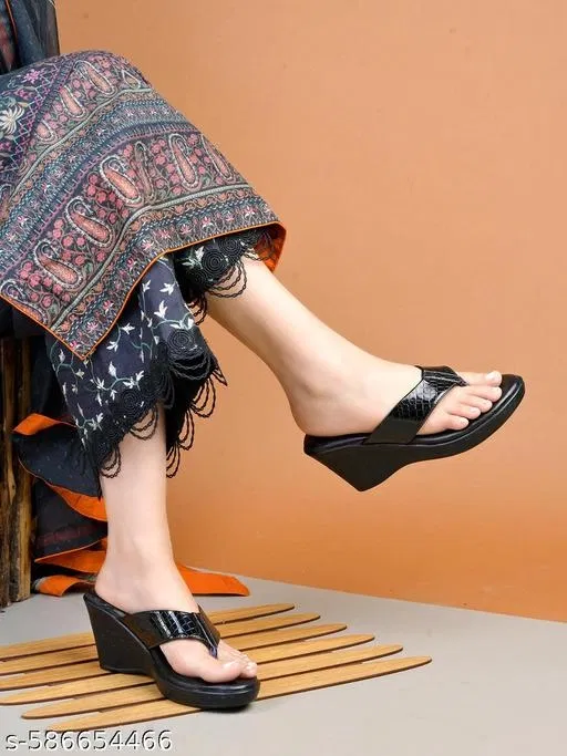Shoetopia Black Patent Leather Wedge Sandals (Size IND-7)