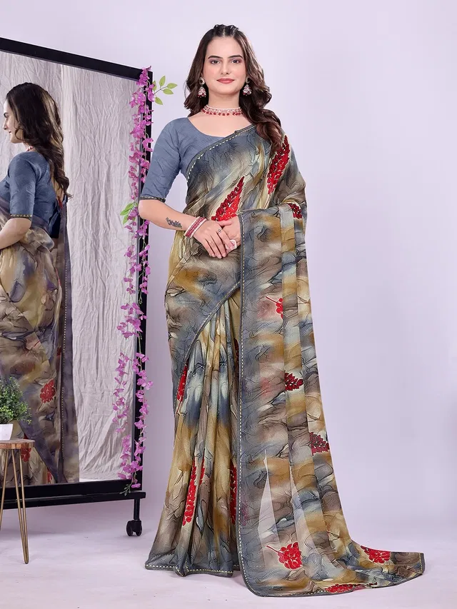 Georgette Printed Saree for Women (Grey, 6.3 m)