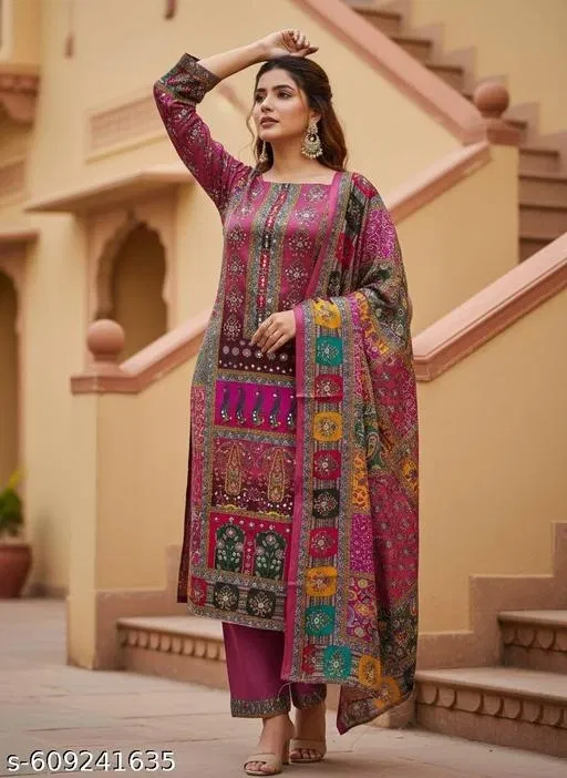Printed Floral Patiala Suits for Women (Pink, 6.65 meter (XXL)